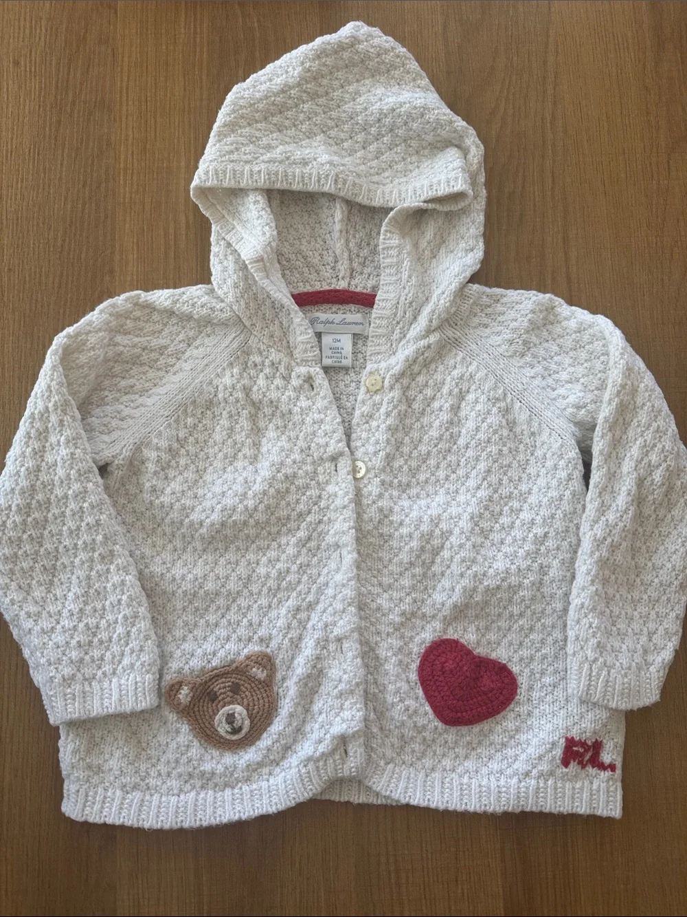 Ralph Lauren Cream Hooded Knit Cardigan with Red Heart & Brown Bear Patch